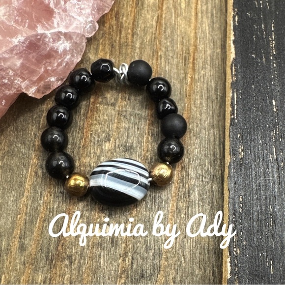 Black onyx charms gold beaded boho ring - Picture 1 of 2